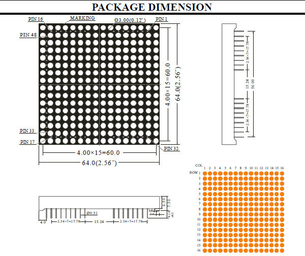 Through Hole DIP 64x64mm Dot Matrix LED Display Red Green Blue Orange 16x16 dotLED Matrix Display  for Indoor Advertising Media