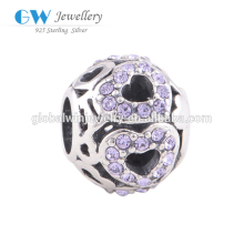 925 Sterling Silver Charm Hollow Purple Rhinestone Heart Bead Bracelet Charm