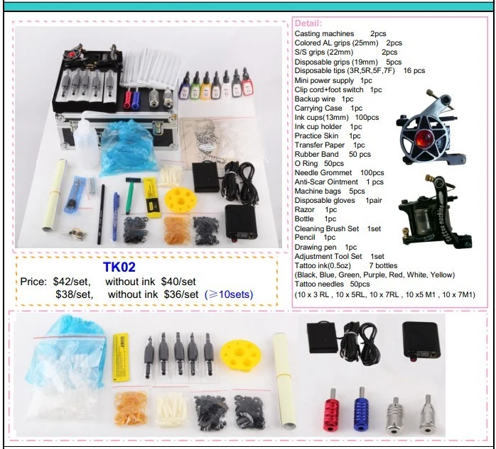 Tattoo Machine Set Power Supply /Needle/ Grip Tattoo Kit Tk04