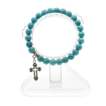 Natural Turquoise Chakra Gemstone 8MM Round Beads Charms Bracelet with Cross Alloy