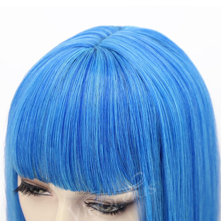 Cheap Wholesale Short Bob Wig With Bangs Mono Blue Bob Wig Heat Resistant Synthetic Straight Wave Full Head Hair Wig For Women