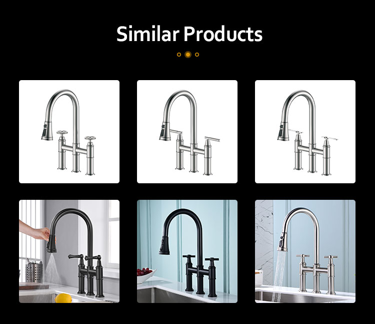 Custom Deck mounted Nickel Brushed Brass Touch Bridge Double Handle Two Lever Pull Down Kitchen Faucet with Sprayer