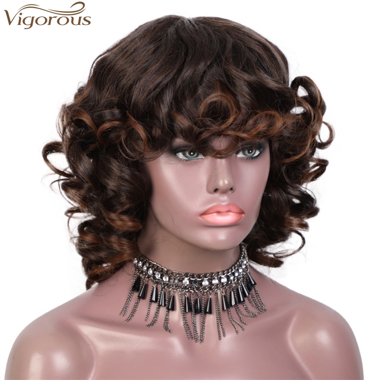 Vigorous Fashion Girl High Temperature Fiber Short Curly Black Mixed Brown Wigs Synthetic wigs For Black Women Wholesale Price