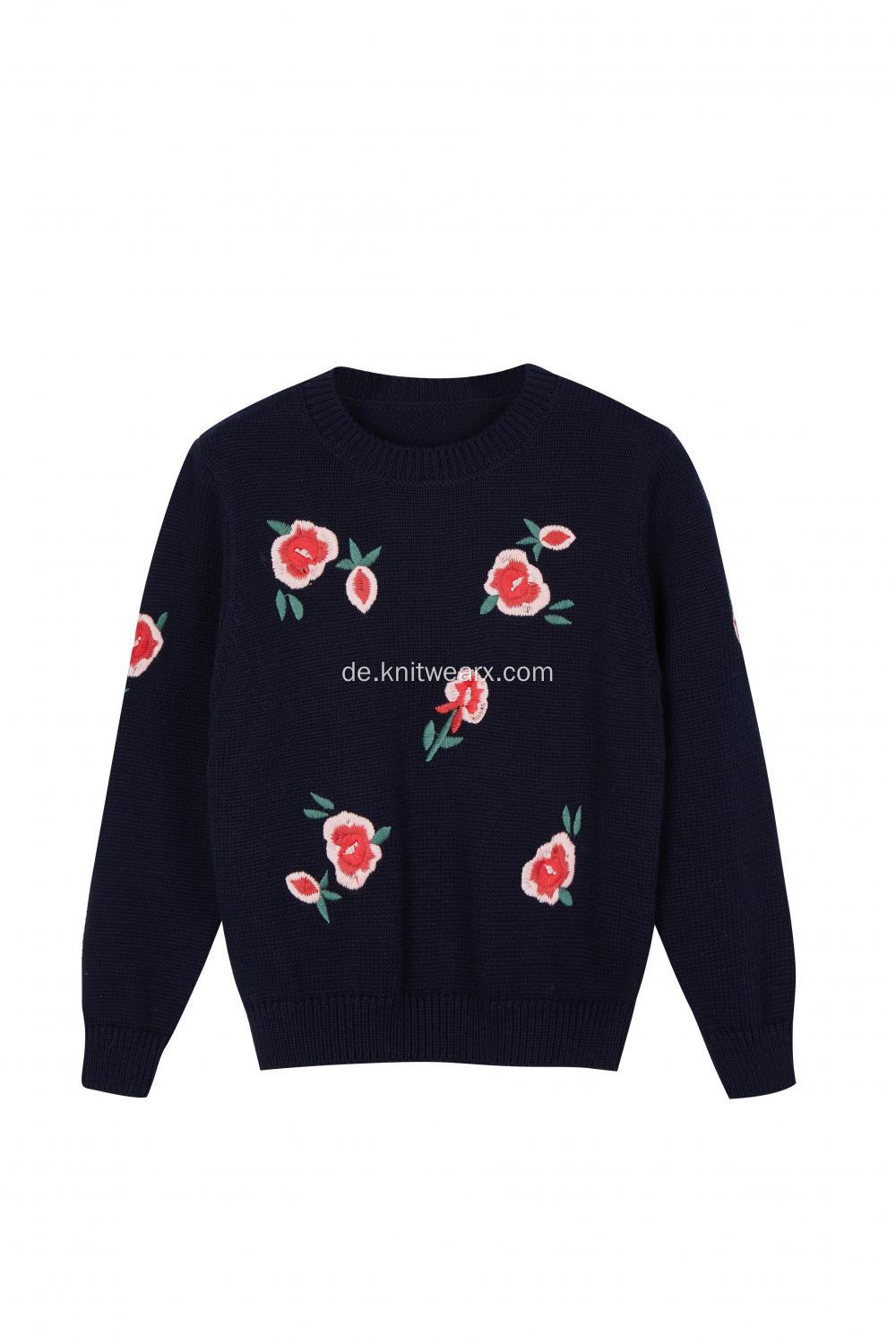 Girls gestrickter Blumenstickerei-Crew-Neck-Pullover