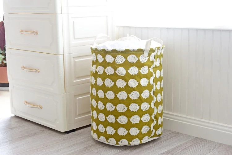 17.7 Inches Large Drawstring Closure Folding Waterproof Round Cotton Linen Collapsible Storage Bin Hamper Laundry Bags Basket