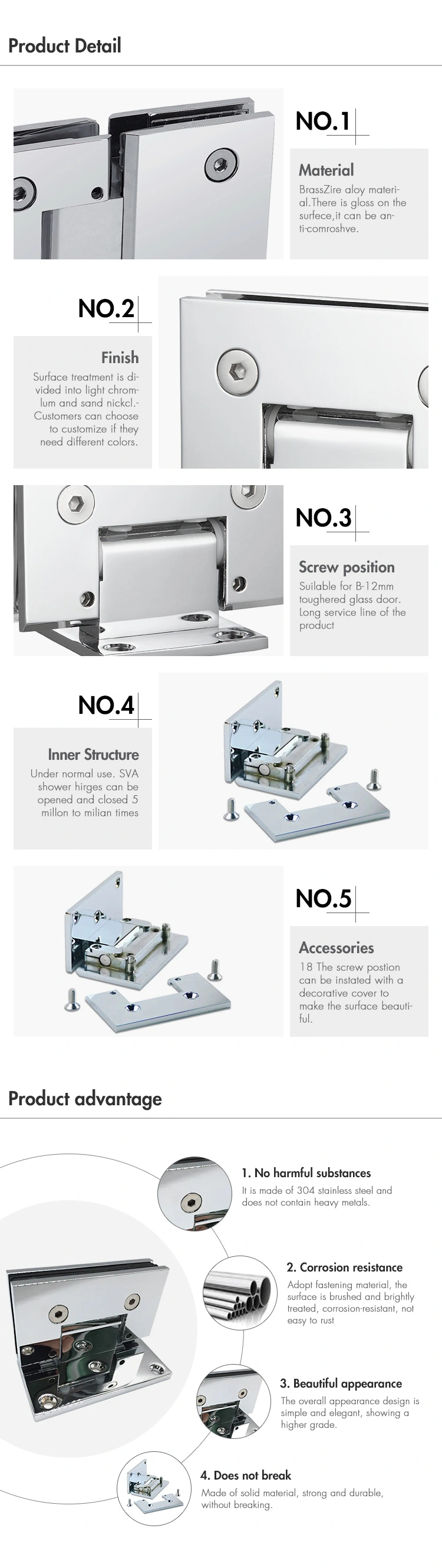 Hot Designs Adjustable Heavy Duty Hardware Wall to Glass Stainless Steel Shower Glass Hinge (ASH-205B)