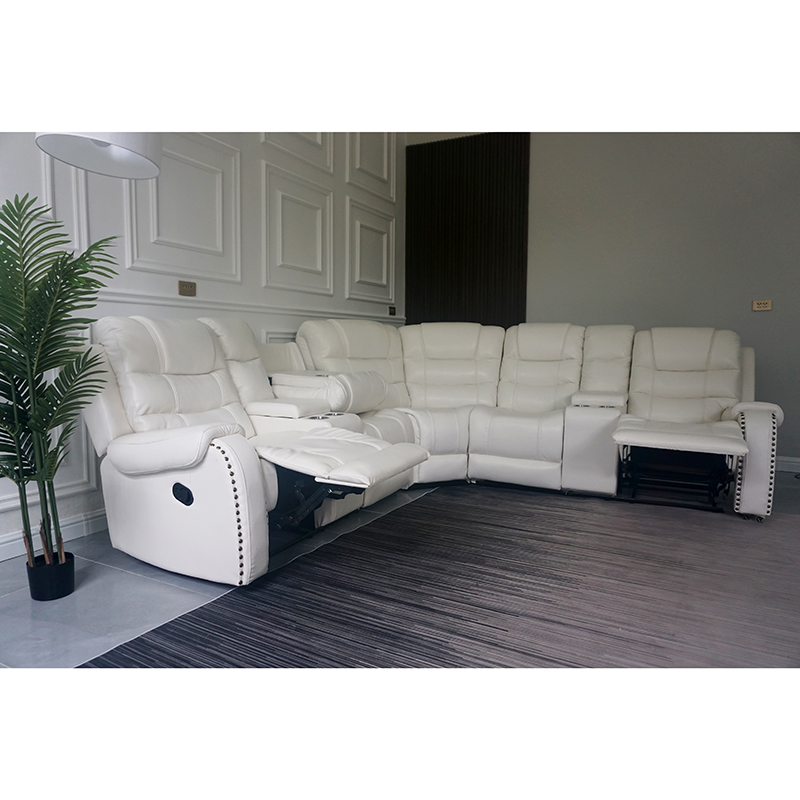 White PU Leather Manual Corner Recliner Sofa