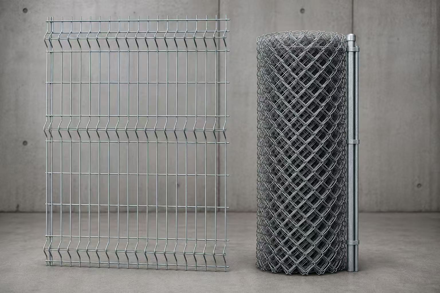 Gruppo ANJIA - Immagine dell'eroe di confronto tra rete saldata e recinzione a maglie di catena ANJIA Group – Welded wire mesh panel and chain link fence roll side by side for industrial comparison