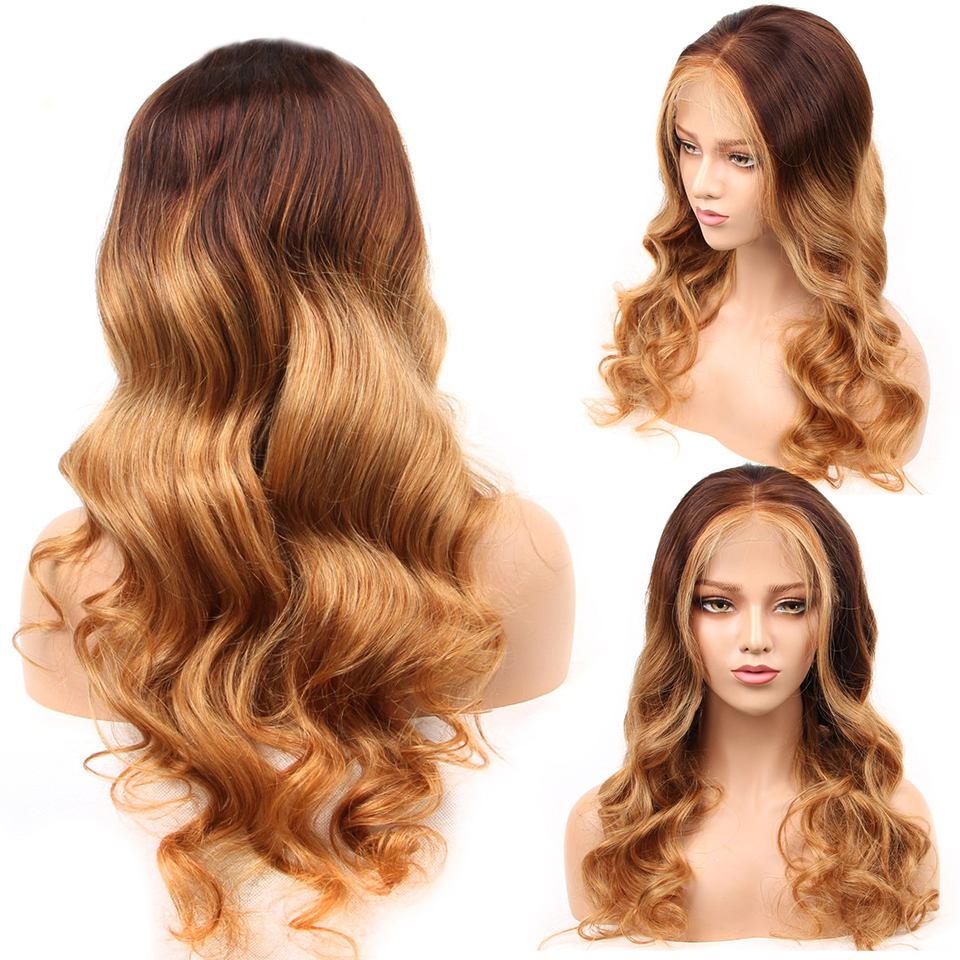 Ombre 4/27  Lace Front Wig Brazilian Remy Human Hair  Wigs Ombre 4/27 Body Wave Lace Front Wig Pre Plucked Highlights