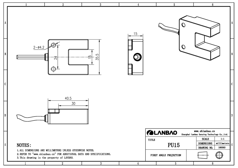 Lanbao Photoelectric Sensor U-shaped Through Beam Reflection Sensor PU15 Series 15mm Distance Adjustable 3 Wires with 2m Cable