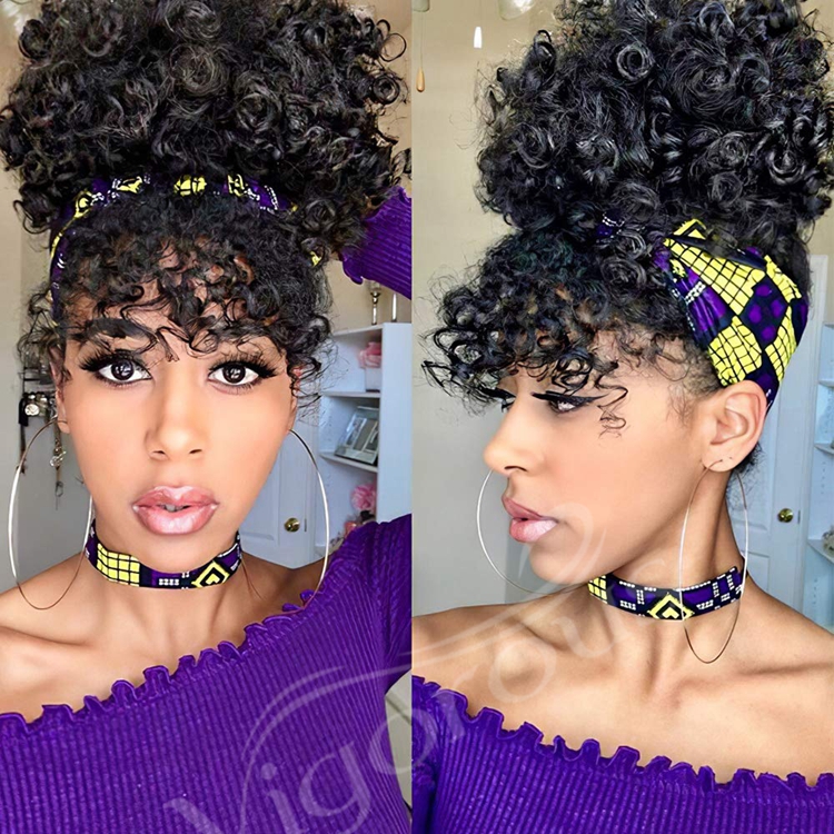 High Quality Headwrap Machine Made Dropshipping Black Short Afro Wholesale Cheap Spring Curly Wig With Headband Attached