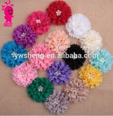 Solid Color Chiffon Fabric Flower Baby Girl Hair Band Accessories Shabby Pearl cener Chiffon Flower Head Flower Wholesale