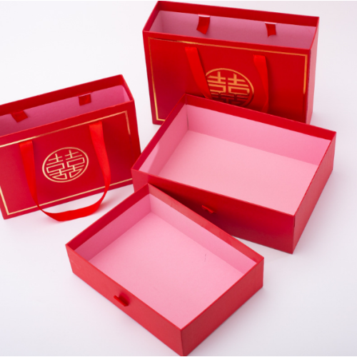 Red Wedding Gift Box with Handle Gold Foil