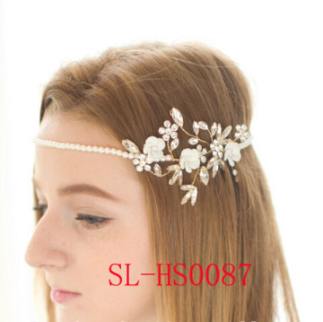 Luxury Handmade Crystal Pearls Gold Ribbon Wedding Headband Bridal Headpiece