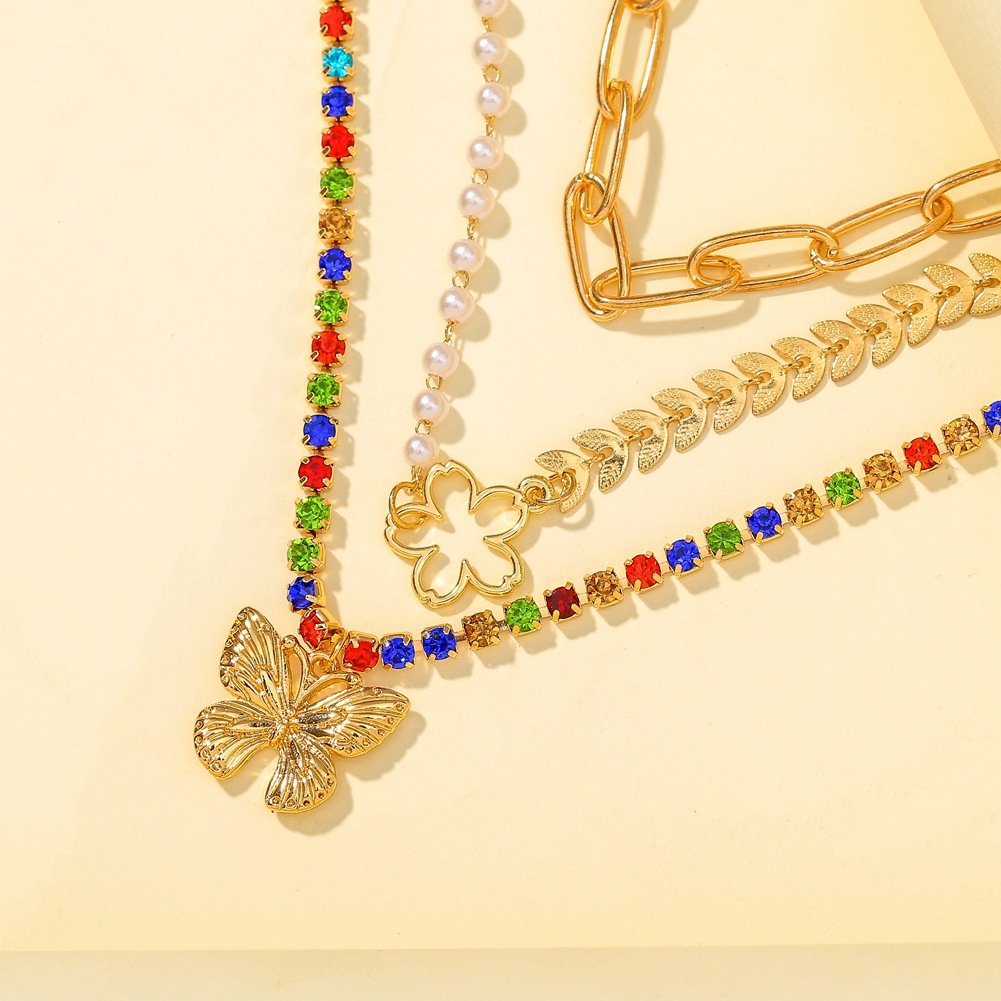 New multi layered bracelet butterfly flowers, wheat ears, pearls and colored diamond chains temperament luxury jewelry