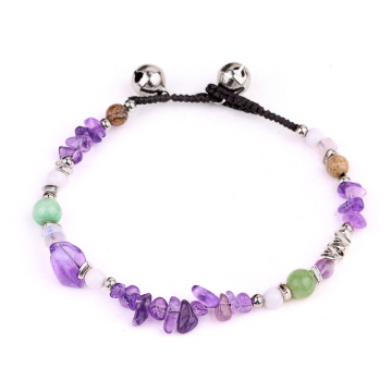 Natural Amethyst Chip Stone Beads Handmade Woven Silver Bell Bracelets for Women Girls