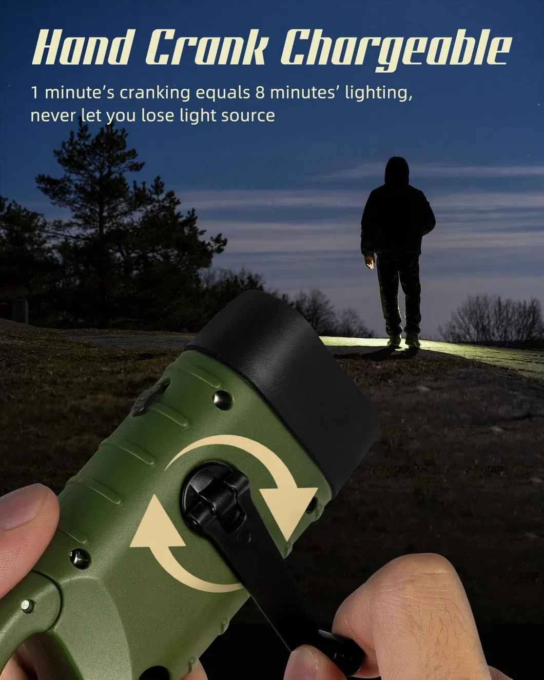 Outdoor Solar-Powered LED Flashlight with Hand-Crank Charging System
