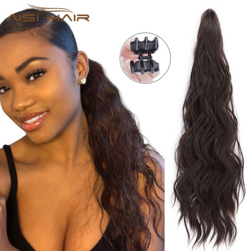 Aisi Hair Heat Resistant Fiber Long Wavy Dark Brown Claw On Ponytail Hair Extensions Claw Pony Tail Synthetic Hairpiece