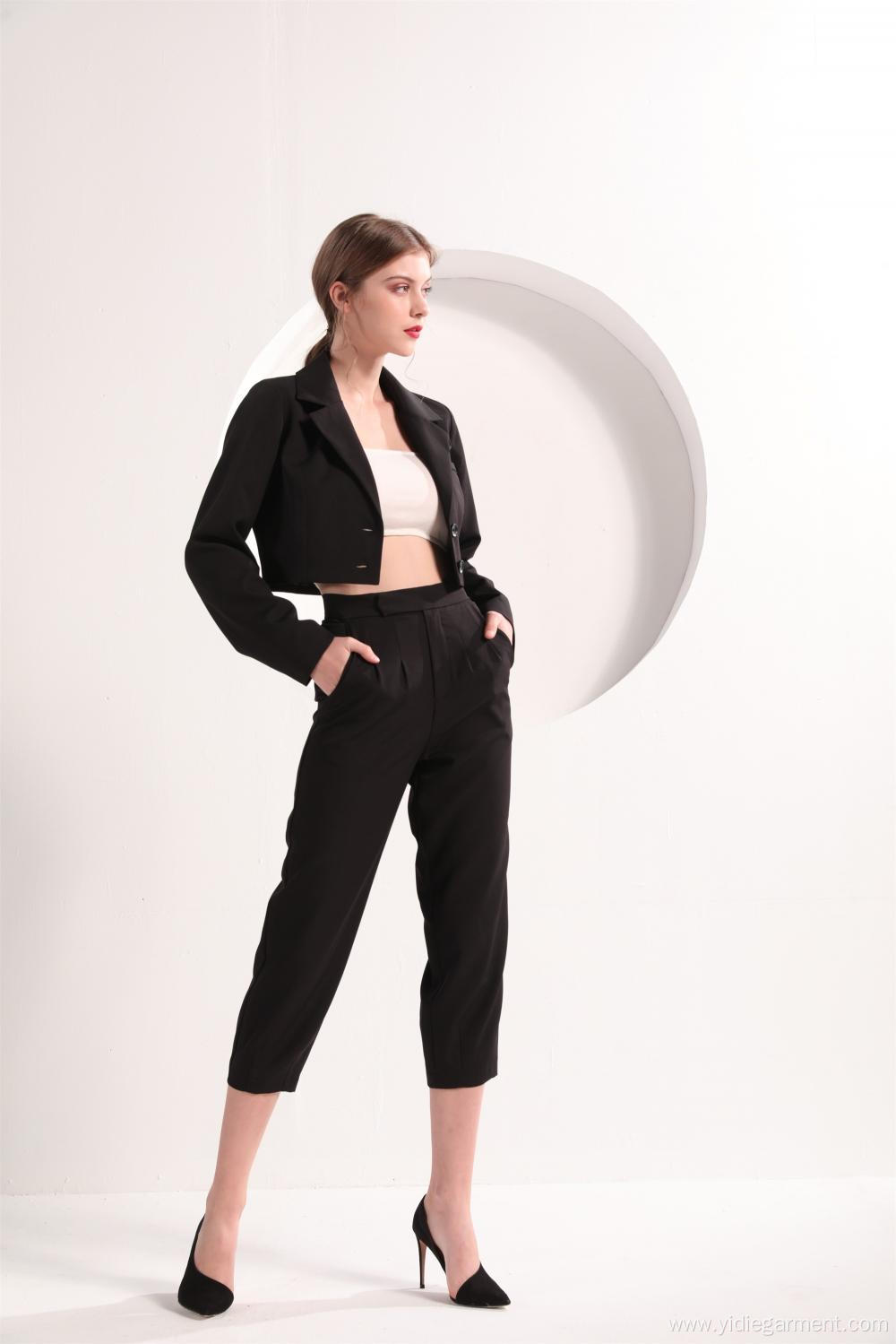 Ladies' Black Color Cropped Blazer and Trousers