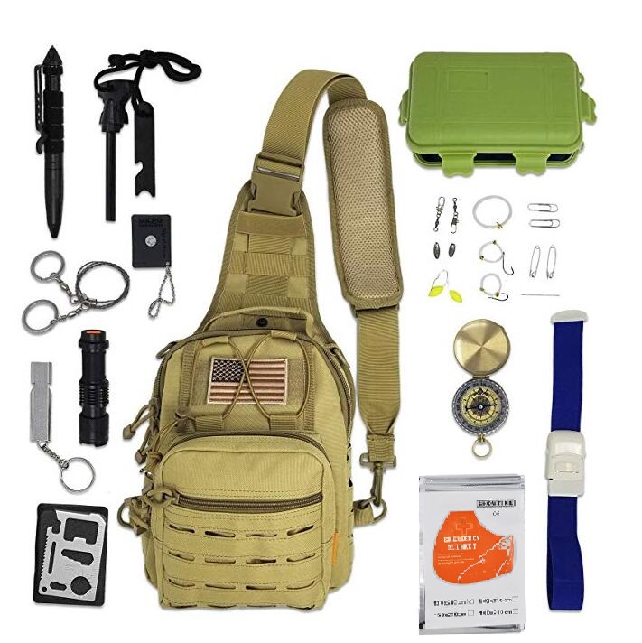 Emergency Camping Tactical Survival Kit with Sling Bag ,Crossbody Sling Bag with EDC Gear Tools Fishing tools