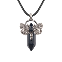 Black Onyx Hexagonal Pillar Silver Dragonfly Pendant Necklace 45cm Black Cord