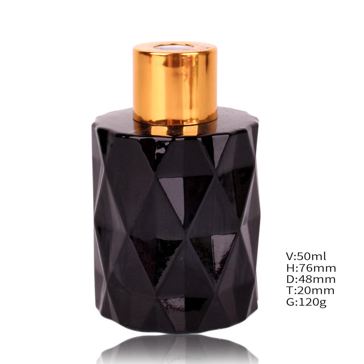 50ml black diamonds embossed glass aroma bottle with gold cap