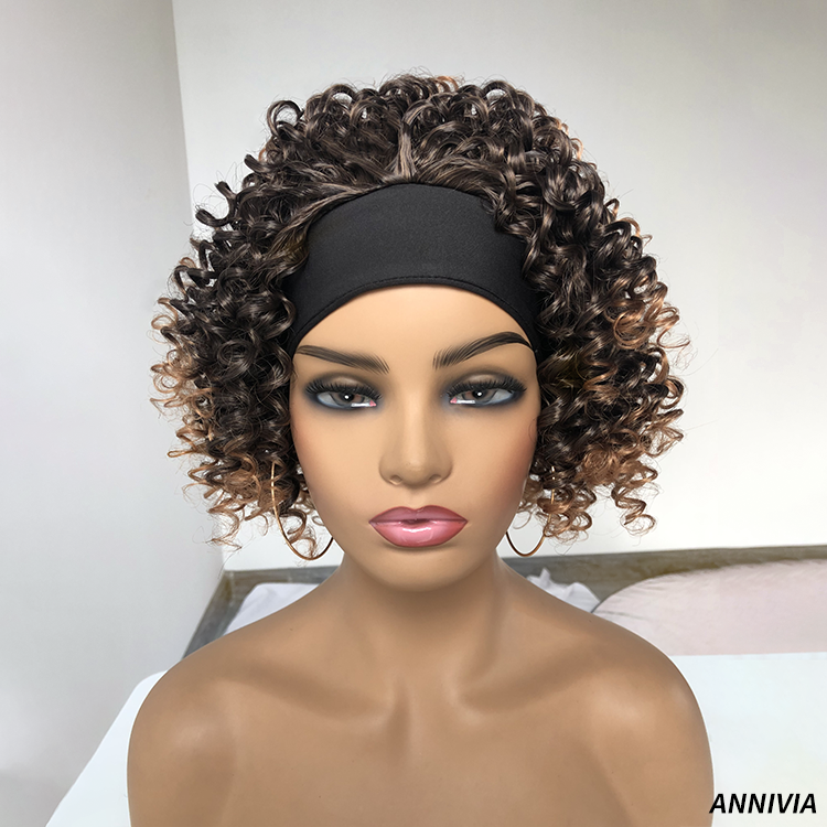 Cheap synthetic wig natural color High Temperature fiber hair kinky curly short synthetic wig headband wigs for black women