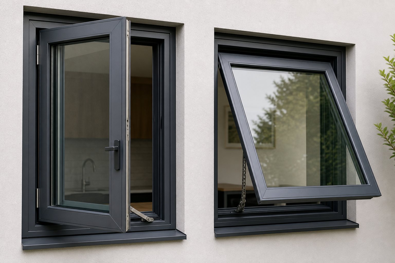 Realistic casement and awning window opening mechanisms Close view comparing side-hinged casement and top-hinged awning window hardware
