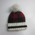 Detachable Pompom Plaid Cuff Beanie