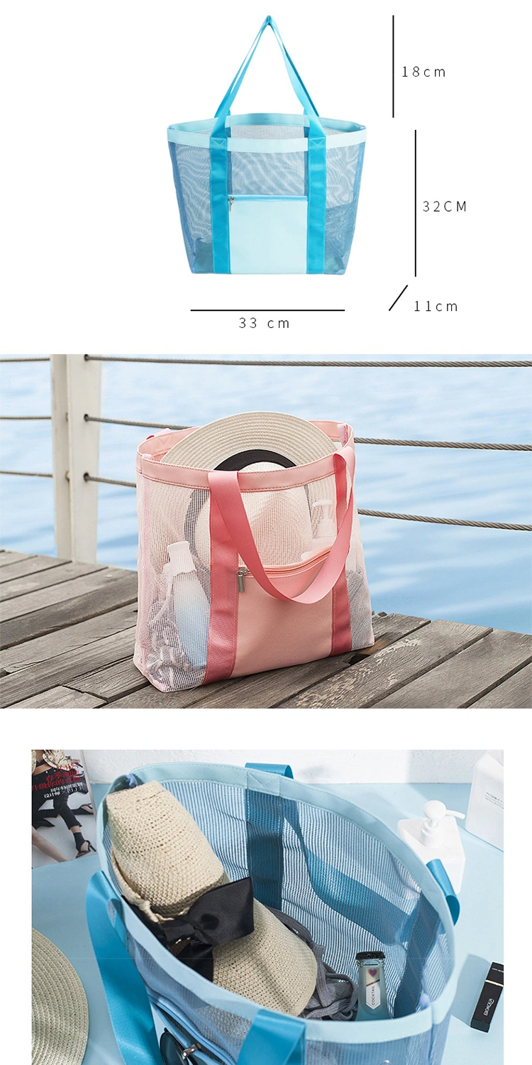 Large Capacity Travel Pool Waterproof PU Foldable Luxury Bag Exterior Zipper Pocket Mesh Shopping Beach Bag with Tote