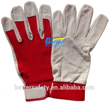 Velcro Cuff Red cotton Back Goatskin Leather Glove