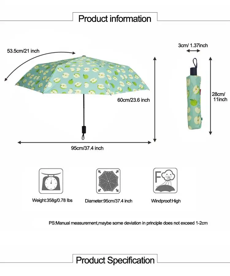 Full Printing Apple Pattern UV Coated Unique Compact 3 Fold Umbrella for Women