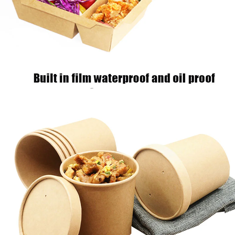 Eco Friendly Takeaway Food Containers Disposable Hot Soup Cups Kraft Paper Salad Bowl