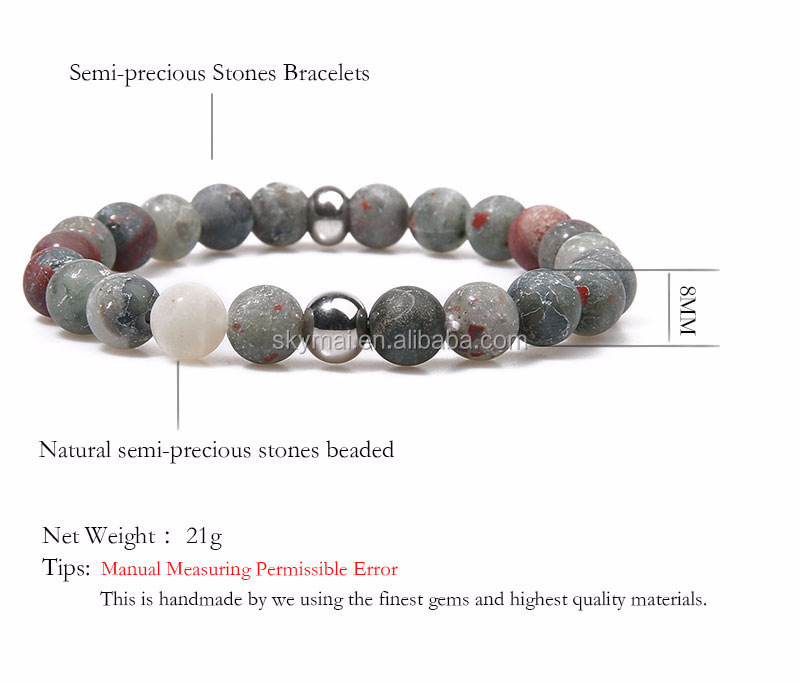 Heath yoga jewelry 8MM natural highest quality Semi-precious African blood stones steel bead strech bracelet