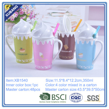 Ceramic ice cream mug for with lid and straw