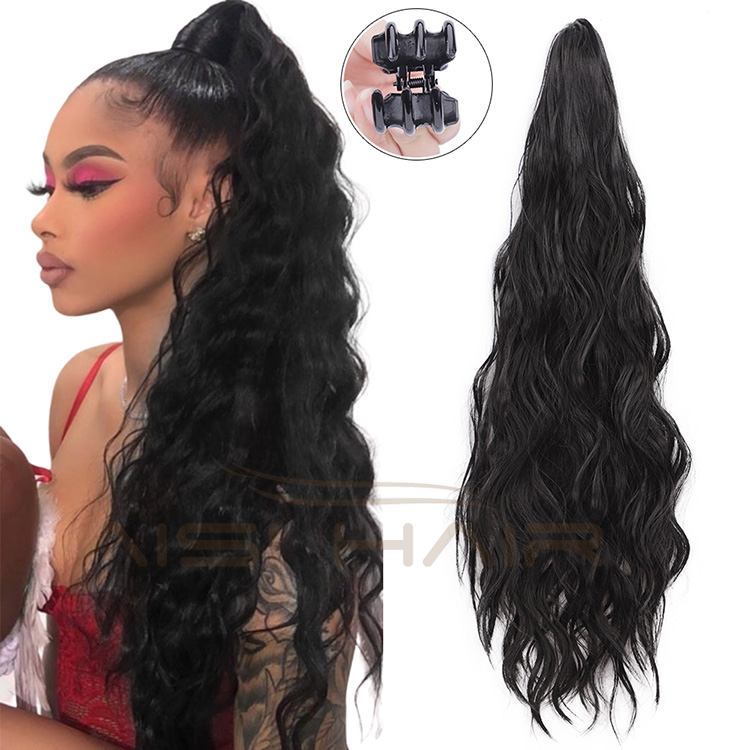 Aisi Hair Synthetic Claw On Clip In Ponytail Hair Extension Black Long Wavy Ponytail Hairpiece for Women Extension Hair