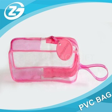 Stand Pink Piping Zipper Top PVC Cosmetic Pouch Bag