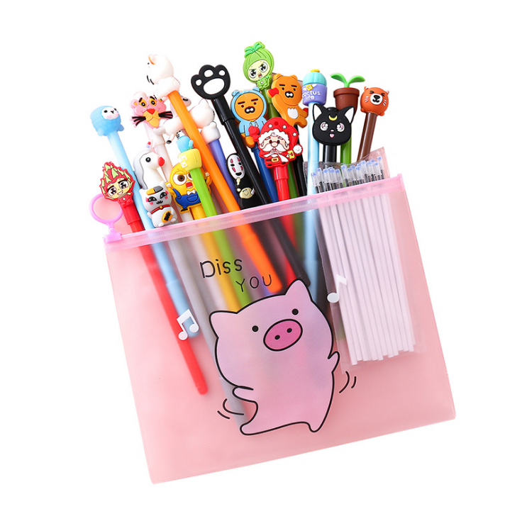 Korean Cute Cartoon Heart Customized Student Stationery Set Promotional Plastic Ball Pen Novelty Body Personalized Logo Pen Bag