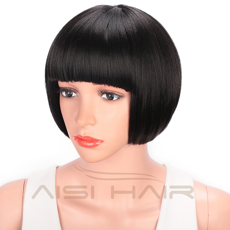 Natural Black Synthetic Short Bob Heat Resistant Synthetic Fiber Wigs Short Bob Wigs With Bangs for Women