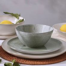 Asian-Inspired Dinnerware Set with Gray-Green Bowls and Plates