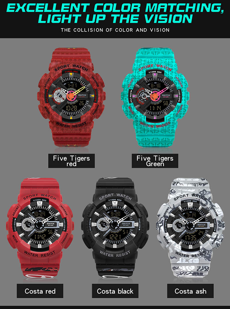 Sanda 3105 Newest Men Dual Display Watches Alarm LED Digital Waterproof Electronic Shock Watch