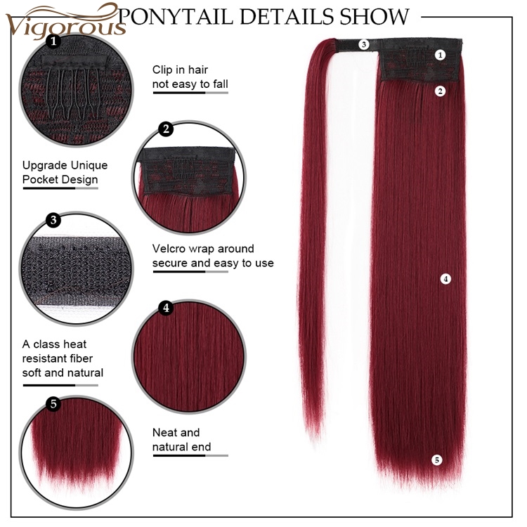 Vigorous Cheap Synthetic Hairpiece for Women Long Straight Red Drawstring Ponytail Clip in Ponytail Extension Heat Resistant