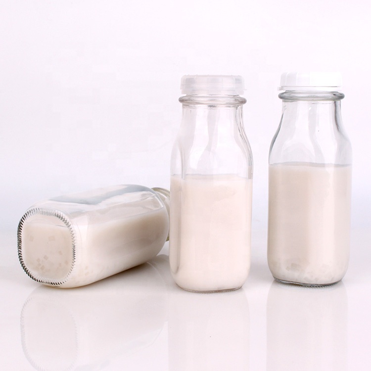 Unique 13oz square empty milk glass bottle with plastic lid