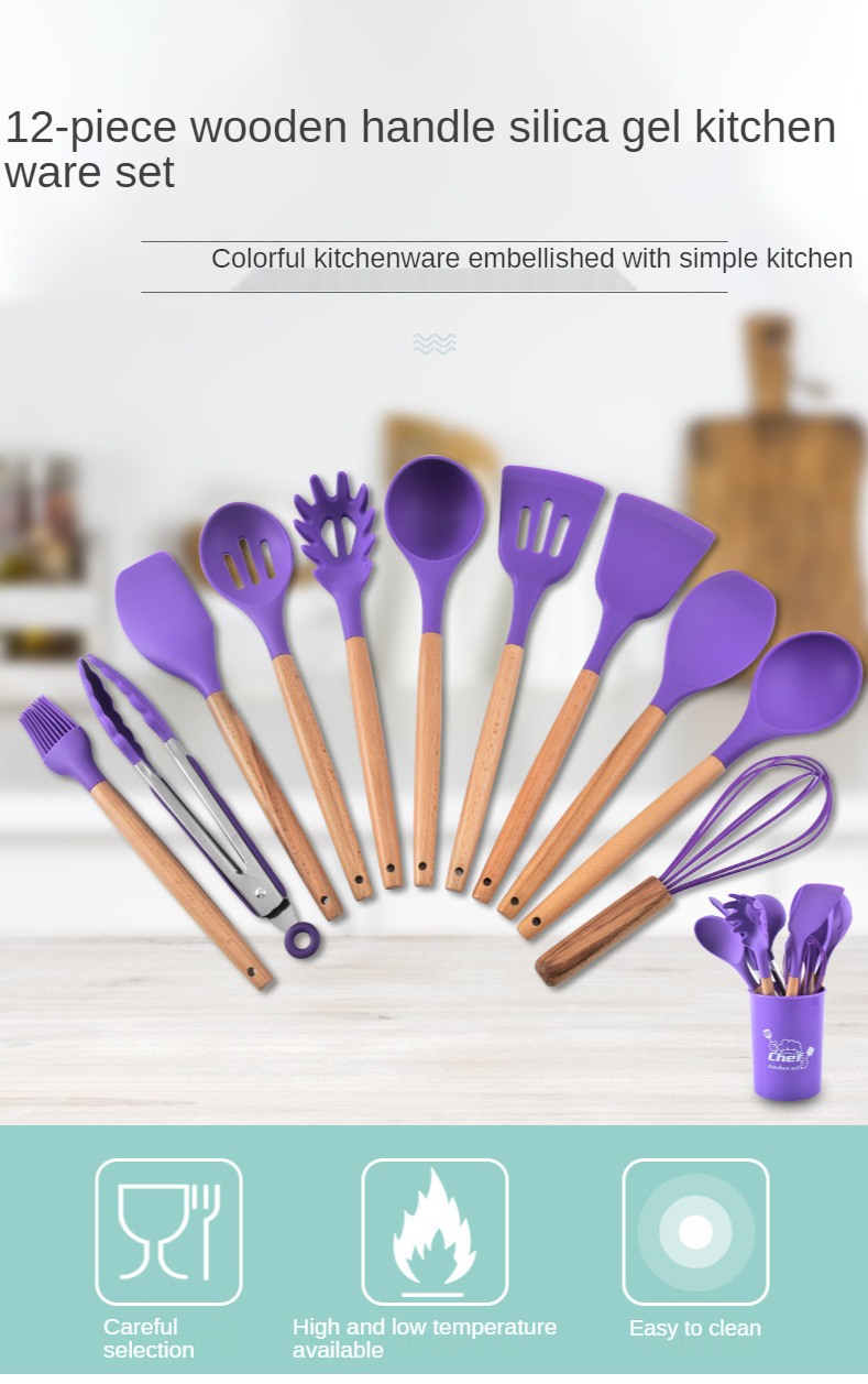 12 Pieces In 1 Set Silicone Kitchen Accessories Cooking Tools Kitchenware Silicone Kitchen Utensils with Wooden Handles