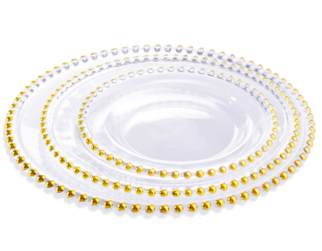 Clear Beaded Glass Charger Plate With Gold Rim