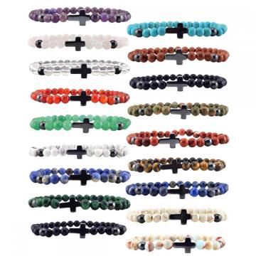 Gemstone 6mm Round Beads With Hematite Cross Pendant Bracelet Natural Stone Crystal Stretch Charm Bracelet for Men Women