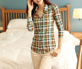 Wanita lengan 3/4 kedut percuma plaid baju