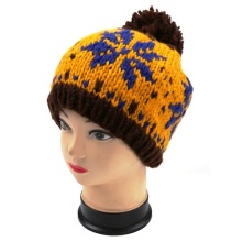 Jacquard Hand Knit Hat with POM POM, Knitted Beanie