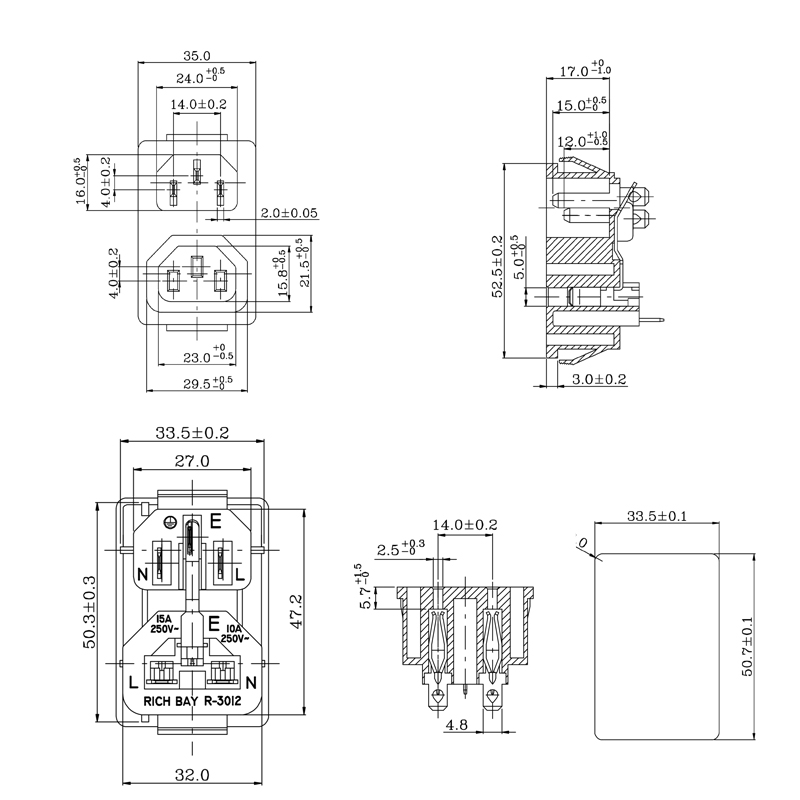 Factory sales JEC JR-3012 ac industrial power electrical equipment switch socket 10A/15A 250V