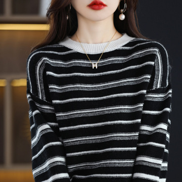 Vintage Crew Neck Contrast Stripe Ladies Sweater